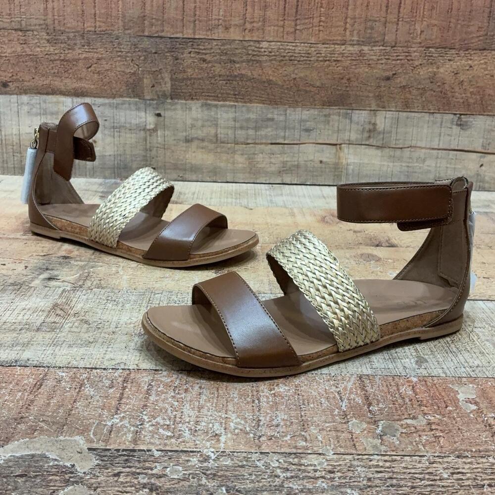 UGG Sandals womens Size 6 36 Brown Leather Woven Strap Ankle Zip Summer Shoes
